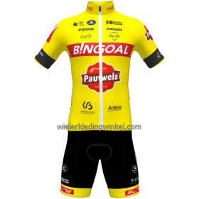 Set Fietsshirt + Korte Koersbroek 2022 Bingoal Pauwels Sauces WB Rood Neongeel
